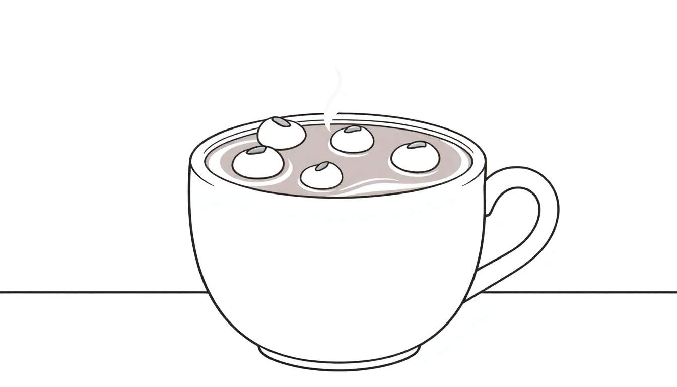 Illustration en noir et blanc d'une tasse de chocolat chaud avec des guimauves.