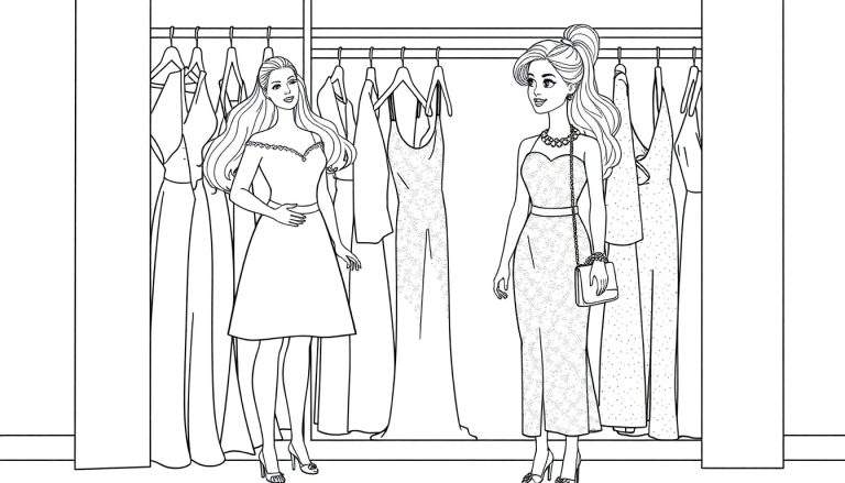 Dessin au trait noir et blanc de deux femmes devant une étagère de vêtements, prêtes pour un coloriage.