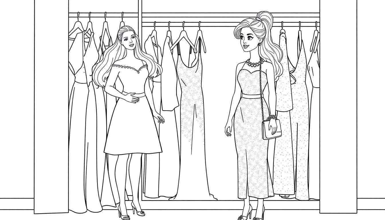 Dessin au trait noir et blanc de deux femmes devant une étagère de vêtements, prêtes pour un coloriage.