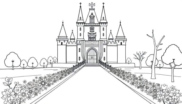 Dessin au trait d'un château de conte de fées entouré d'un jardin luxuriant, avec un chemin menant à la porte d'entrée.