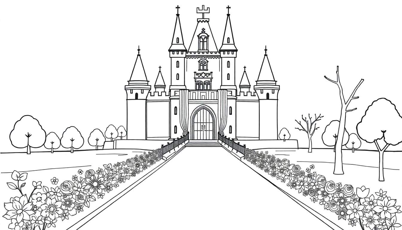 Dessin au trait d'un château de conte de fées entouré d'un jardin luxuriant, avec un chemin menant à la porte d'entrée.