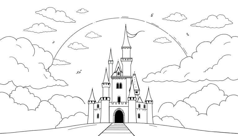 Un château de conte de fées dessiné au trait avec un arc-en-ciel, pour un color panel.