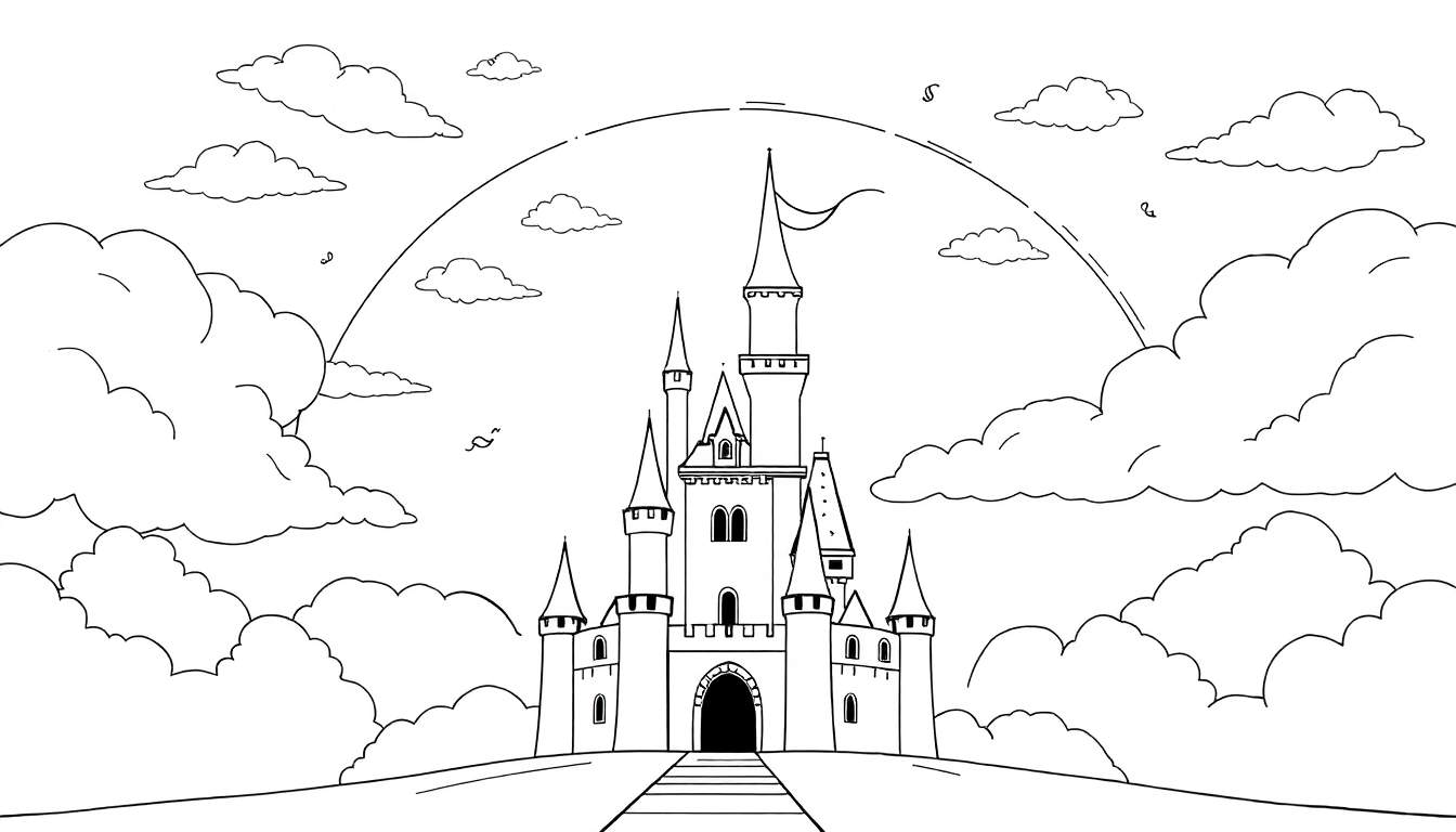 Un château de conte de fées dessiné au trait avec un arc-en-ciel, pour un color panel.