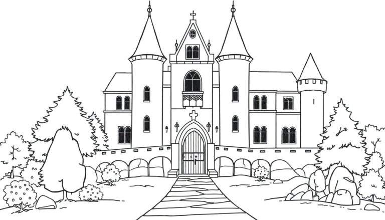 Un dessin au trait d'un grand château perché sur une colline.
