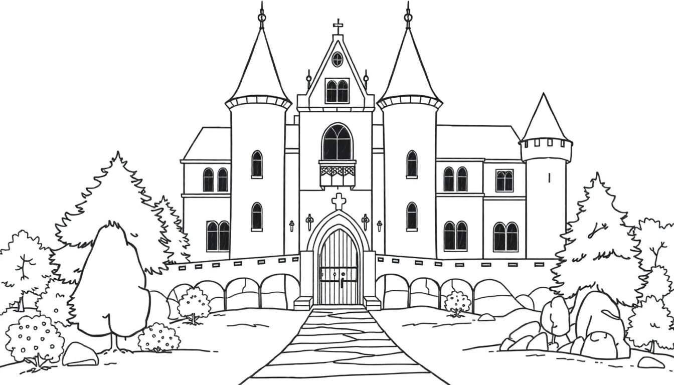 Un dessin au trait d'un grand château perché sur une colline.