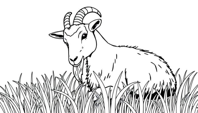Dessin au trait d'une chèvre avec de longues cornes, mangeant dans un champ d'herbe haute.