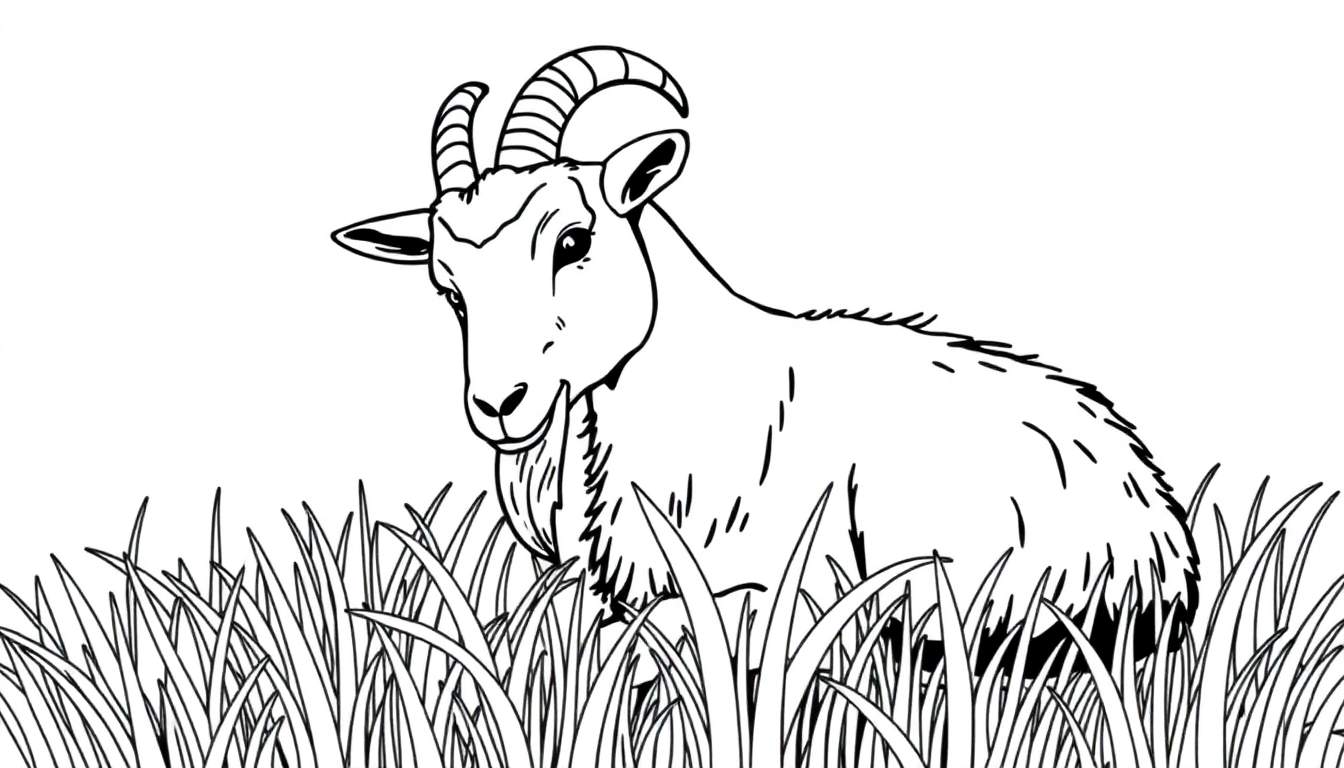 Dessin au trait d'une chèvre avec de longues cornes, mangeant dans un champ d'herbe haute.