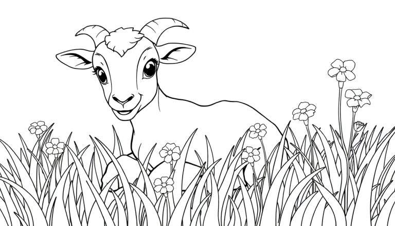 Dessin au trait d'une jeune chèvre joyeuse dans un champ fleuri, parfait pour un color panel.