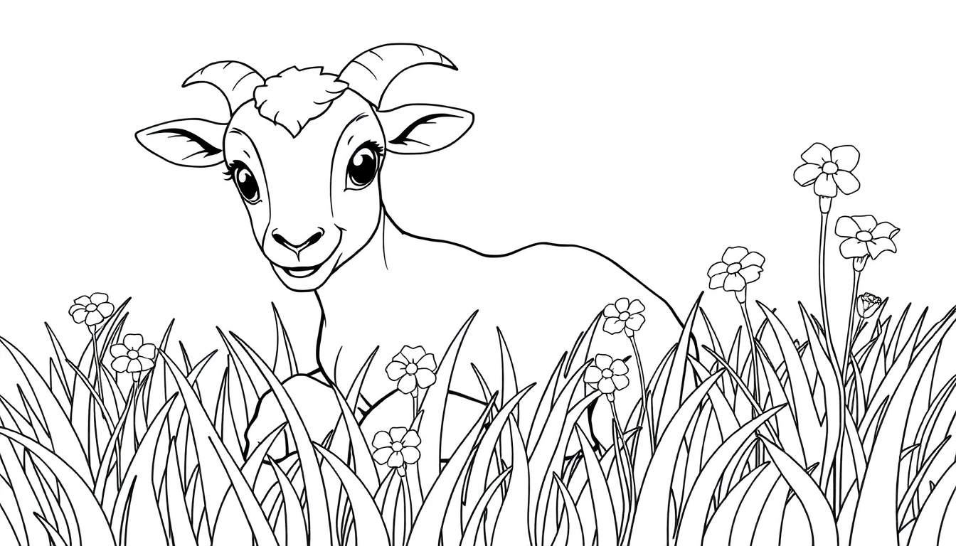 Dessin au trait d'une jeune chèvre joyeuse dans un champ fleuri, parfait pour un color panel.