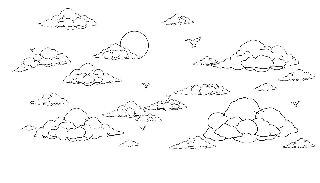 Ciel noir et blanc avec des nuages graphiques, un soleil rond et des oiseaux schématiques.