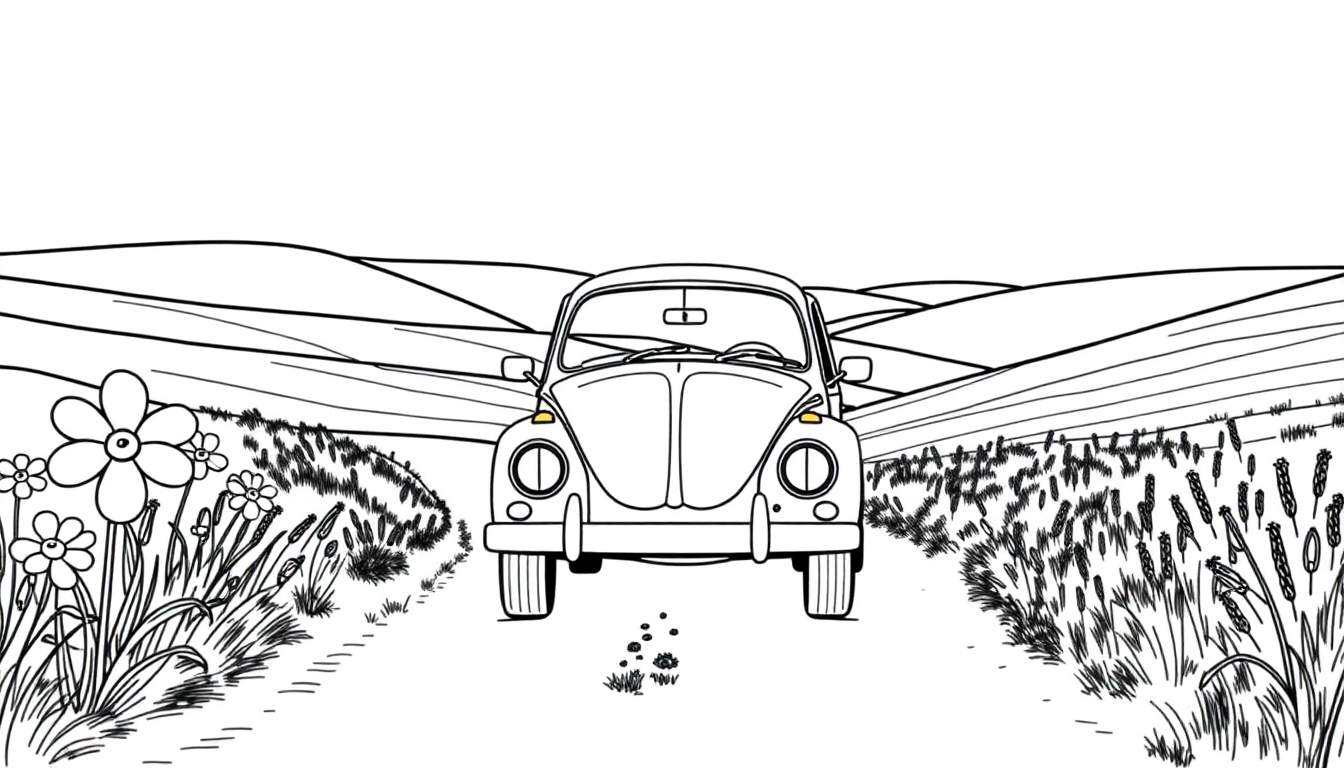 Dessin au trait d'une Coccinelle Volkswagen sur une route de campagne avec des montagnes en arrière-plan, parfait pour un color panel.