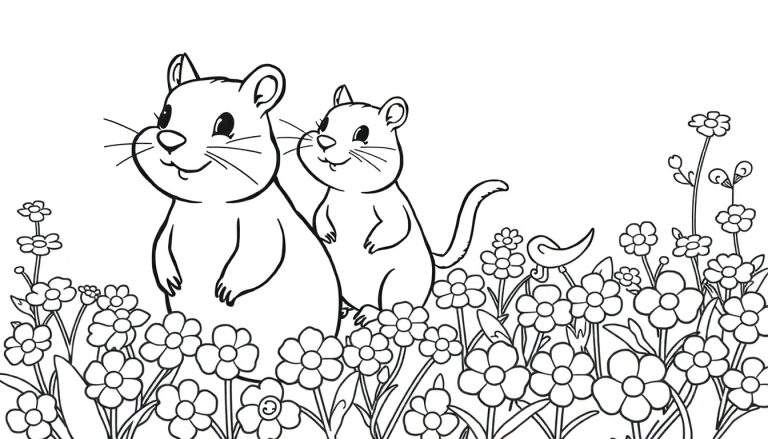 Dessin d'un color panel avec deux petits rongeurs joyeux dans un champ de fleurs, avec un oiseau caché.