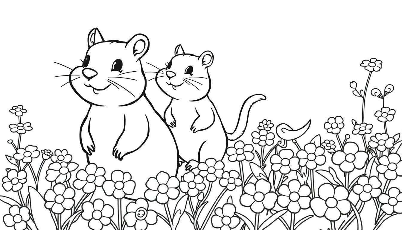 Dessin d'un color panel avec deux petits rongeurs joyeux dans un champ de fleurs, avec un oiseau caché.