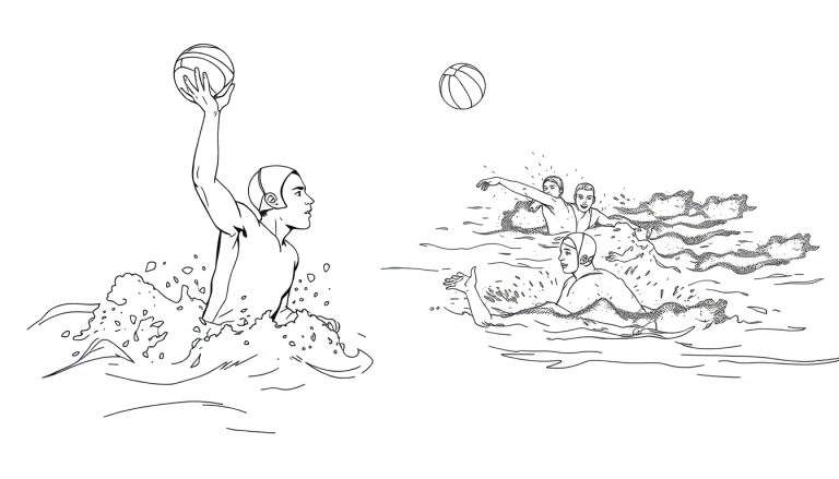 Un joueur de water-polo lance un ballon dans l'eau, avec d'autres joueurs autour.