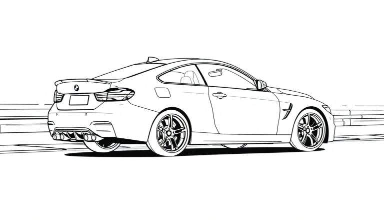 Dessin au trait d'une BMW M4 vue de trois quarts arrière, stationnée près d'une barrière de sécurité, avec des jantes à plusieurs branches et un échappement quadruple, idéal pour un color panel.