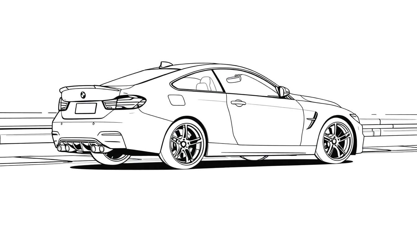 Dessin au trait d'une BMW M4 vue de trois quarts arrière, stationnée près d'une barrière de sécurité, avec des jantes à plusieurs branches et un échappement quadruple, idéal pour un color panel.