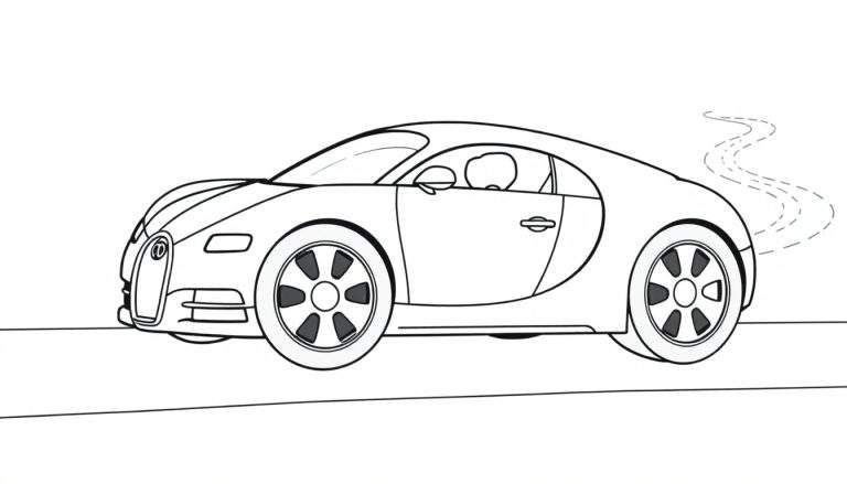 Une voiture de sport Bugatti dessinée au trait avec des yeux joyeux et des pneus souriants, prête à être coloriée sur un color panel.