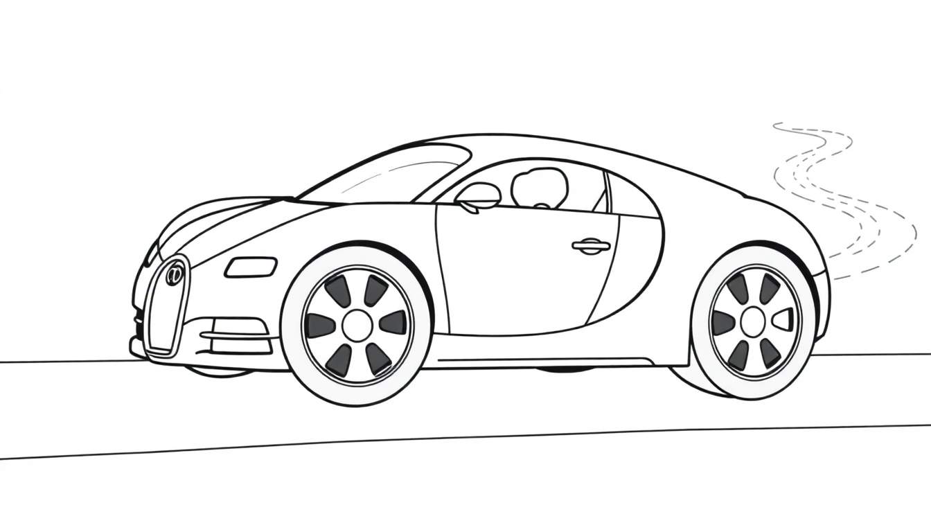 Une voiture de sport Bugatti dessinée au trait avec des yeux joyeux et des pneus souriants, prête à être coloriée sur un color panel.