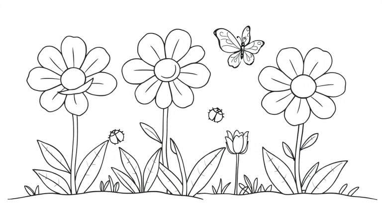 Dessin au trait noir et blanc de fleurs, papillon et coccinelles, prêt pour le color panel.