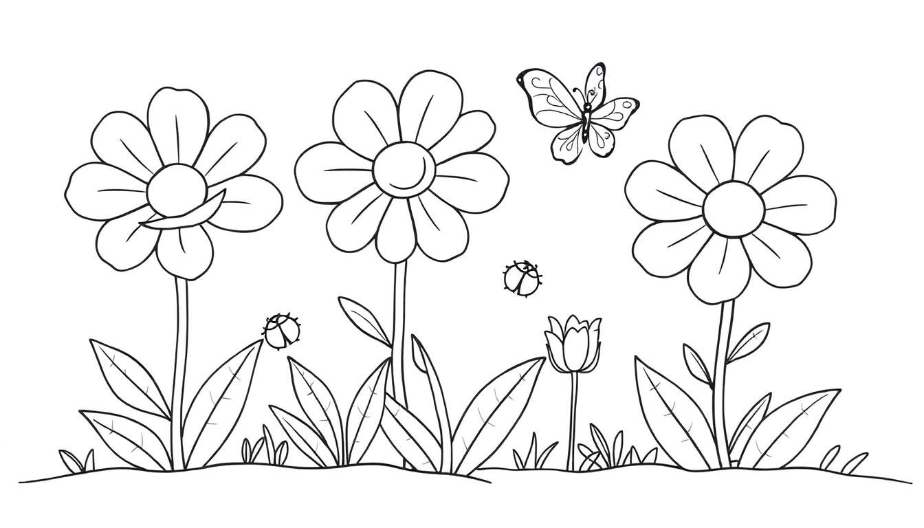 Dessin au trait noir et blanc de fleurs, papillon et coccinelles, prêt pour le color panel.