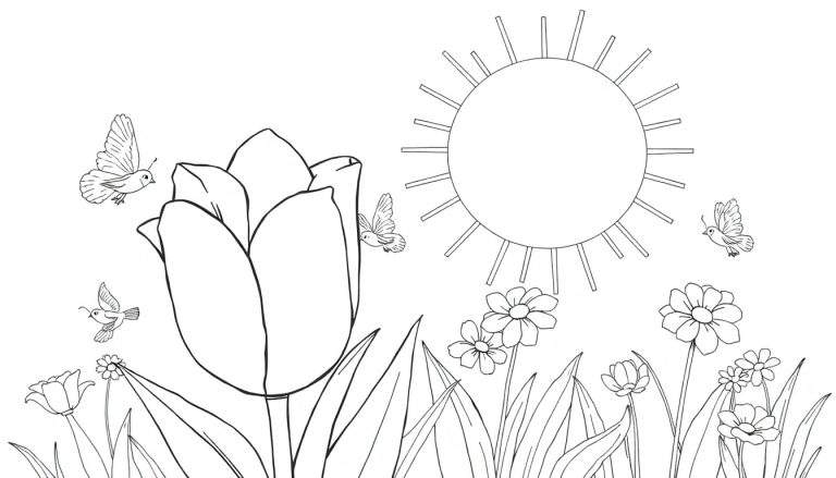 Color panel avec une tulipe, des marguerites, de l'herbe, des oiseaux et un soleil.
