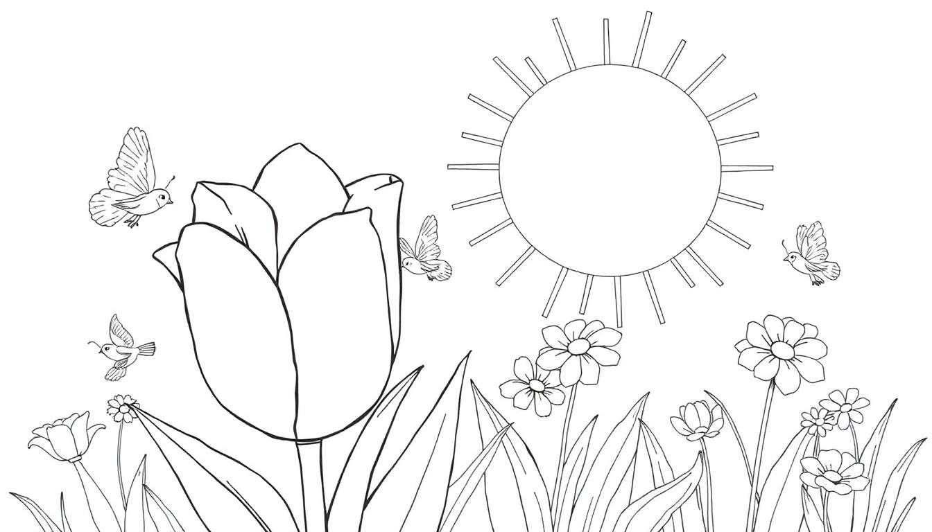 Color panel avec une tulipe, des marguerites, de l'herbe, des oiseaux et un soleil.
