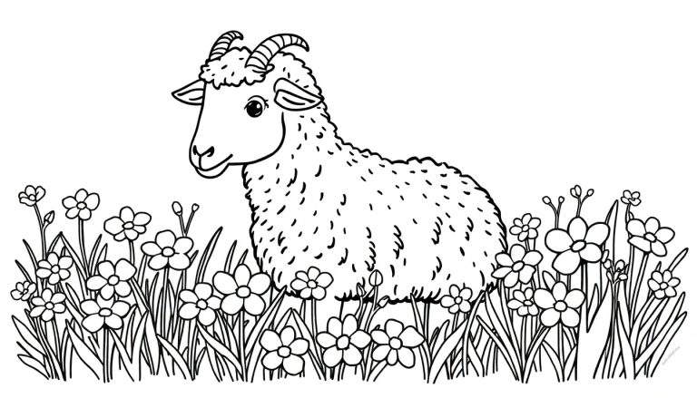 Un dessin au trait d'un mouton dans un champ de fleurs, prêt à être coloré.