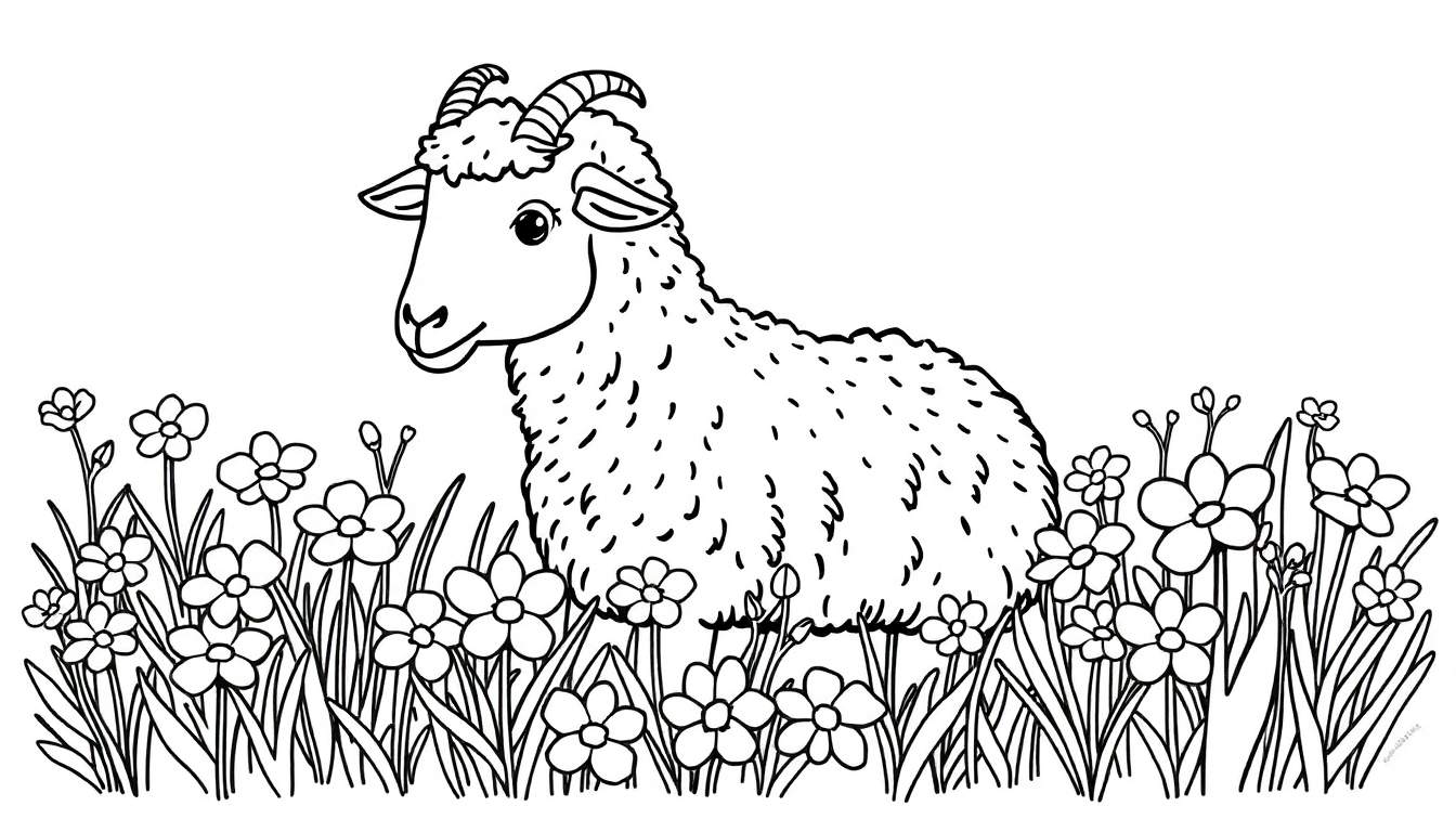 Un dessin au trait d'un mouton dans un champ de fleurs, prêt à être coloré.