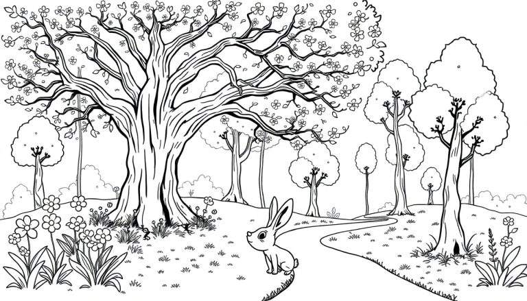 Un mignon lapin assis sur un chemin de forêt avec des arbres fleuris, pour un color panel.