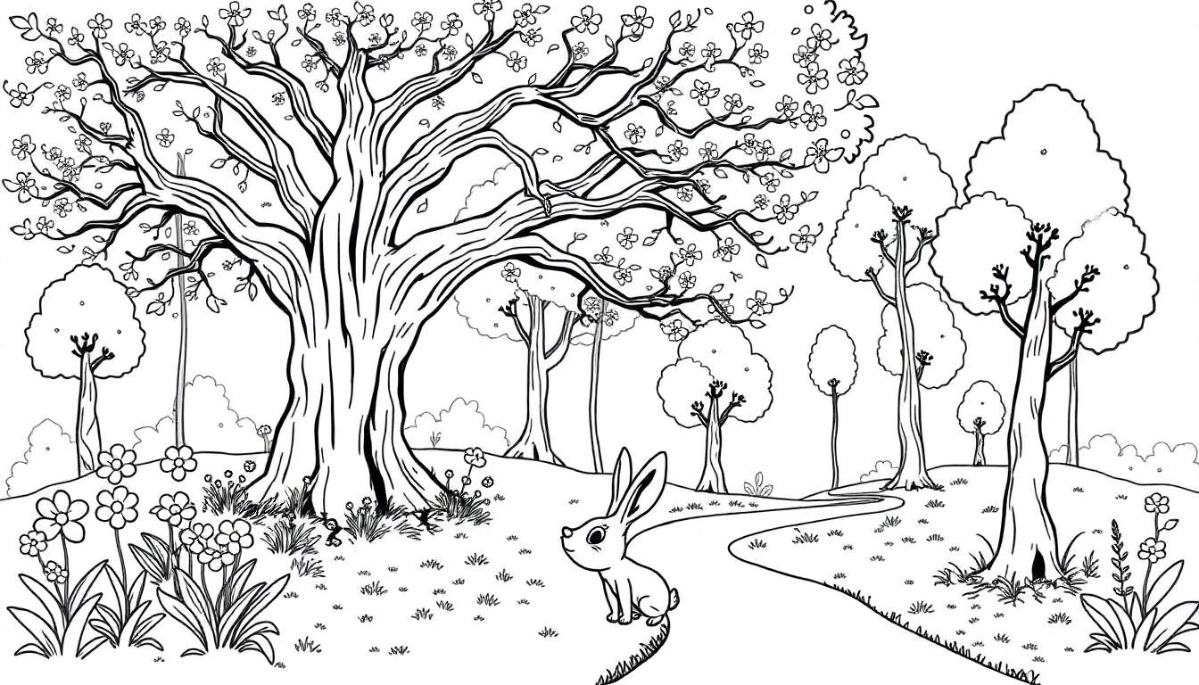 Un mignon lapin assis sur un chemin de forêt avec des arbres fleuris, pour un color panel.