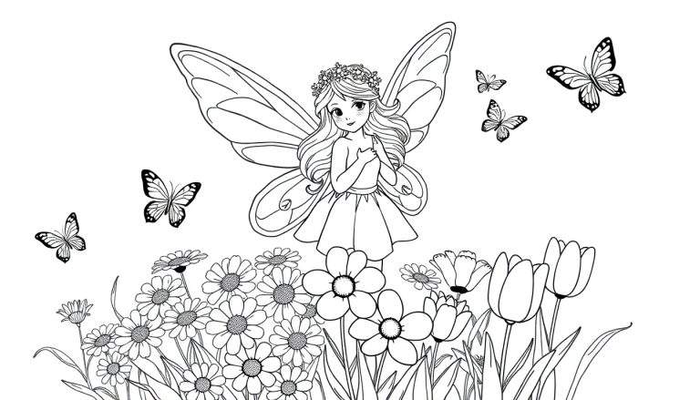Dessin au trait d'une fée souriante avec des ailes de papillon, entourée de fleurs et de papillons, prêt à être colorisé. Ce color panel est parfait pour une activité créative.