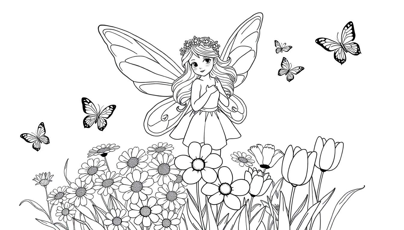 Dessin au trait d'une fée souriante avec des ailes de papillon, entourée de fleurs et de papillons, prêt à être colorisé. Ce color panel est parfait pour une activité créative.