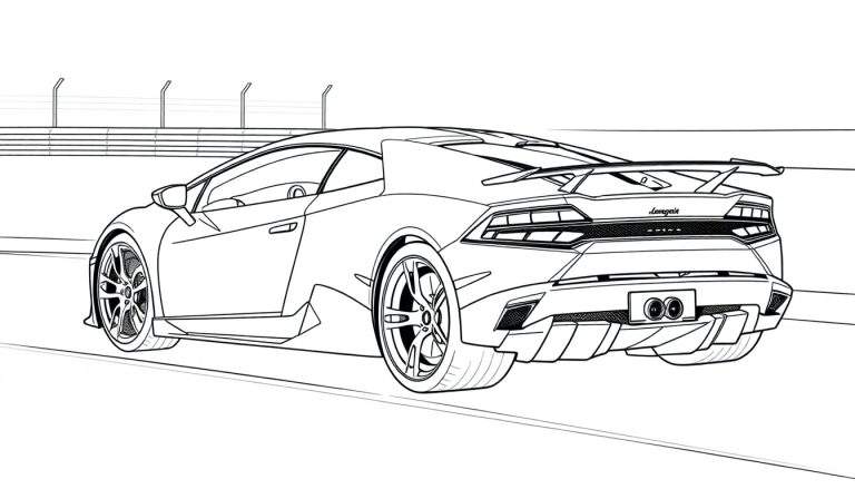 Dessin au trait d'une Lamborghini Huracan sur une piste de course, prête pour le coloriage.