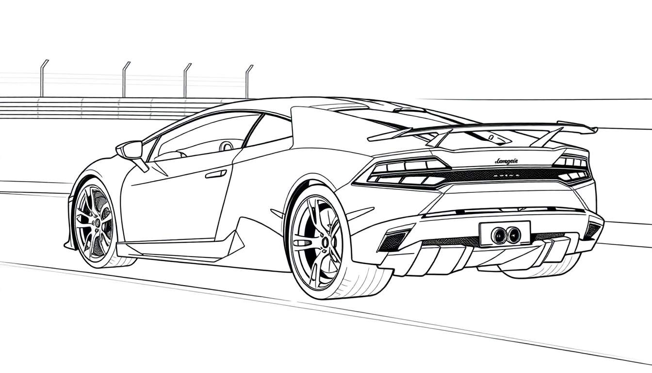 Dessin au trait d'une Lamborghini Huracan sur une piste de course, prête pour le coloriage.