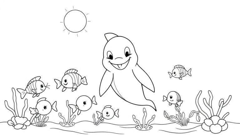 Color panel : Dauphin joyeux avec des poissons et des plantes marines.