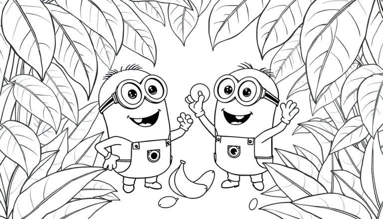 Un color panel de minions dans la jungle, avec des feuilles tropicales et des bananes.
