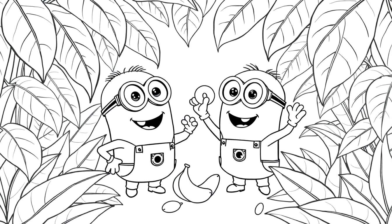 Un color panel de minions dans la jungle, avec des feuilles tropicales et des bananes.