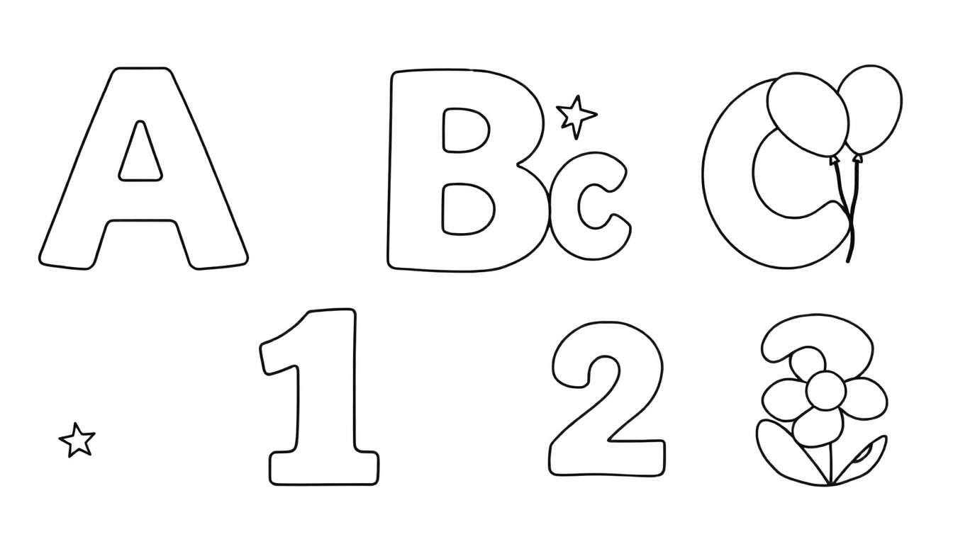 Page de coloriage avec des lettres et chiffres décorés : A, B, C, 1, 2, 3
