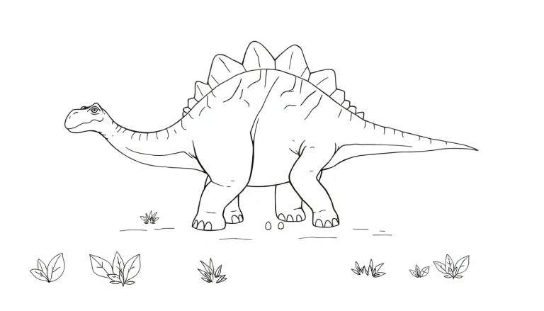 Un dessin au trait d'un stégosaure amical dans un champ, prêt pour un color panel.
