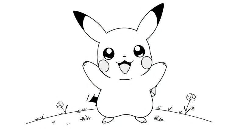 Un Pikachu joyeux au trait noir et blanc sur une colline d'herbe, prêt à être colorié dans ce color panel.