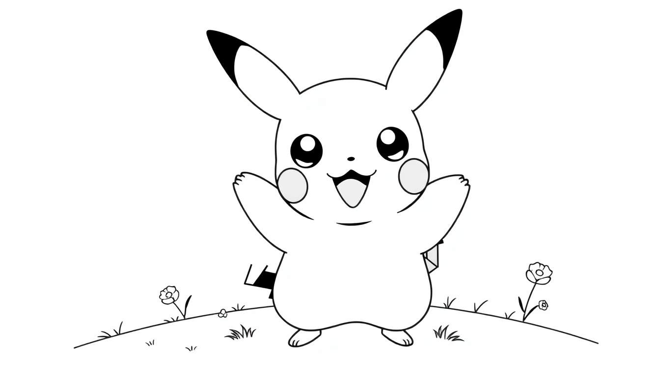 Un Pikachu joyeux au trait noir et blanc sur une colline d'herbe, prêt à être colorié dans ce color panel.