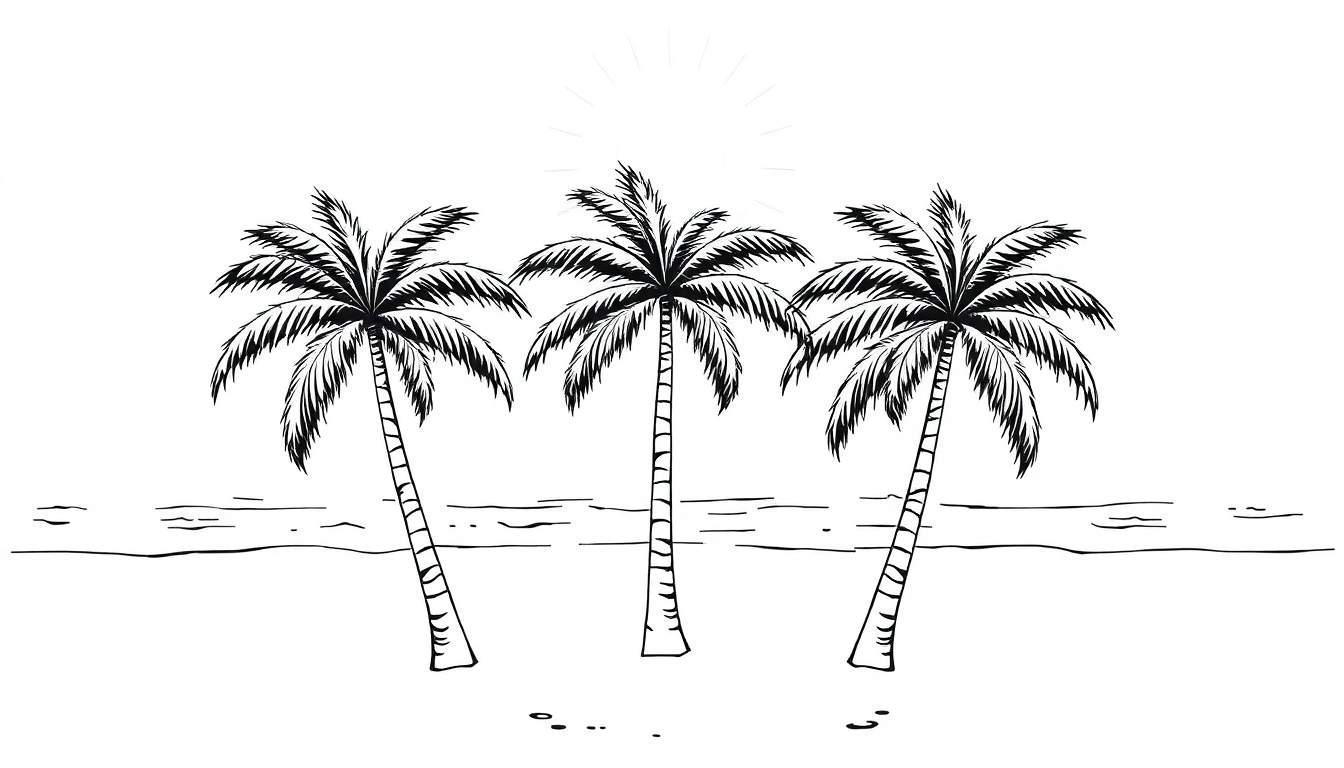 Dessin en noir et blanc d'une plage tropicale avec trois palmiers, un soleil stylisé et l'océan.