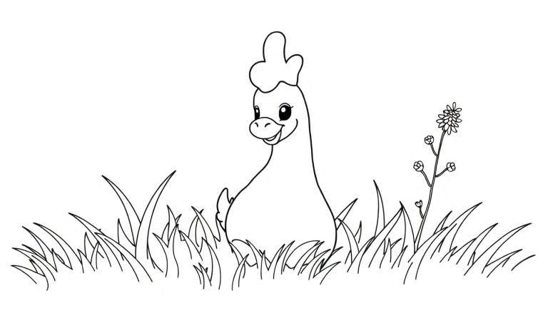 Un poulet joyeux sur un color panel dans l'herbe, prêt à être coloré !