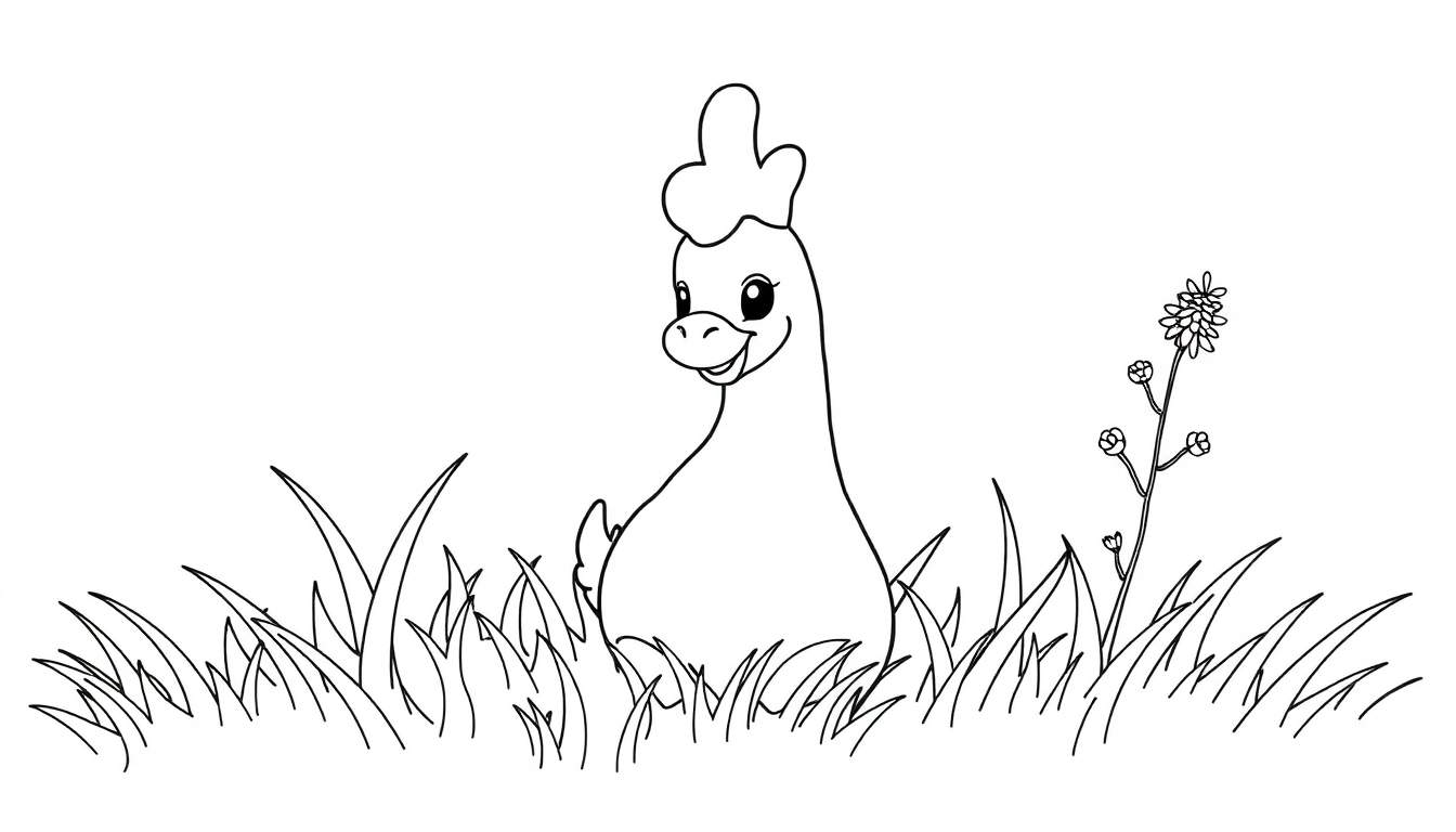 Un poulet joyeux sur un color panel dans l'herbe, prêt à être coloré !