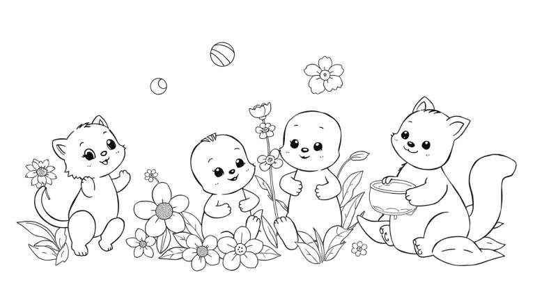 Page de coloriage : un chaton, des bébés et un écureuil entourés de fleurs, avec une balle et une fleur flottantes. Un joyeux color panel pour enfants.