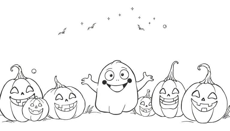 Un fantôme amical de coloriage avec des citrouilles souriantes et des chauves-souris dans le ciel étoilé, idéal pour un color panel d'Halloween.