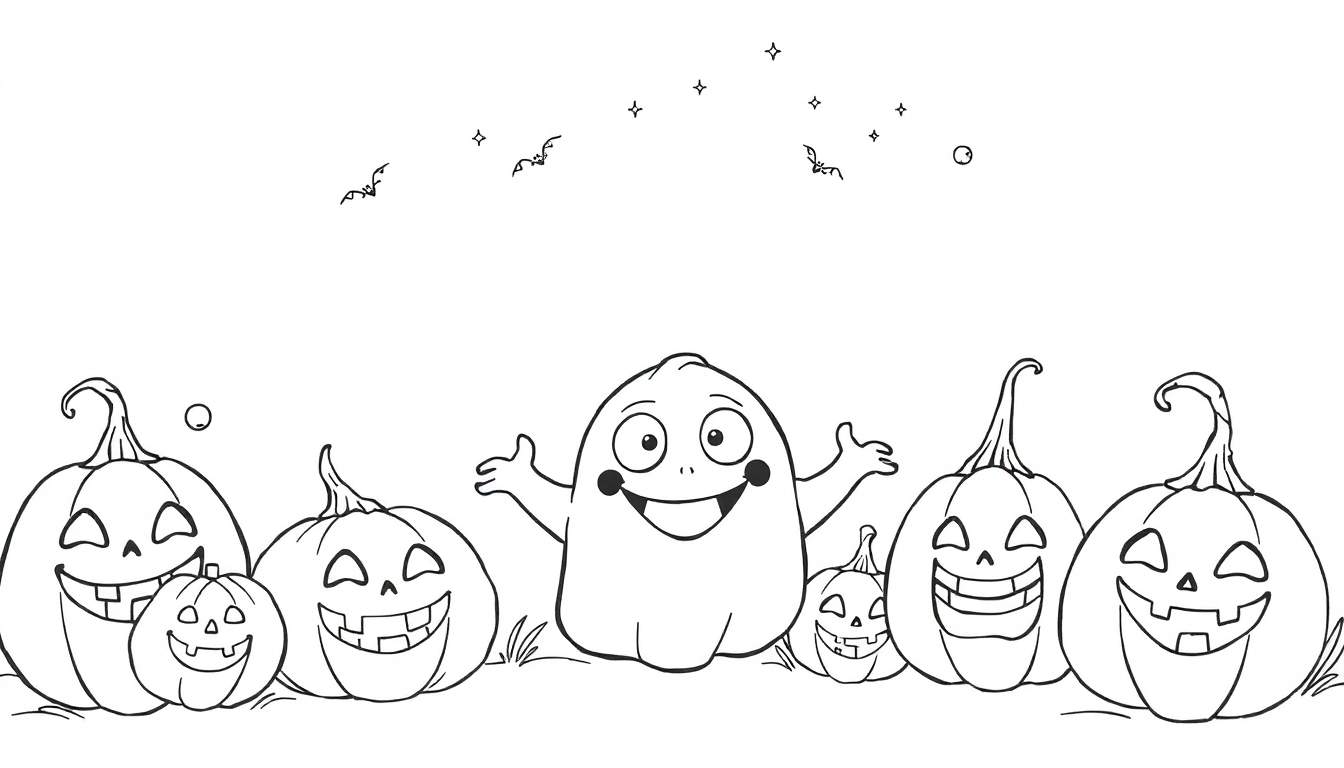 Un fantôme amical de coloriage avec des citrouilles souriantes et des chauves-souris dans le ciel étoilé, idéal pour un color panel d'Halloween.