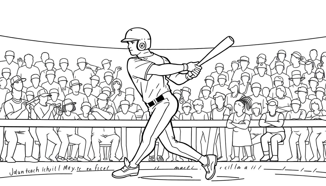 Un joueur de baseball frappe une balle dans un color panel, entouré de spectateurs dans les gradins.