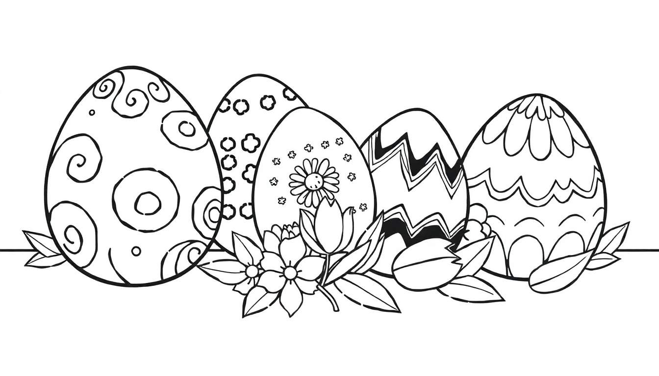 Color panel : œufs de Pâques décorés avec des motifs variés et des fleurs.