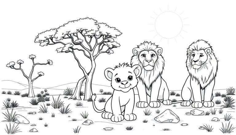 Un color panel de dessin animé d'un lionceau avec ses parents dans la savane africaine.